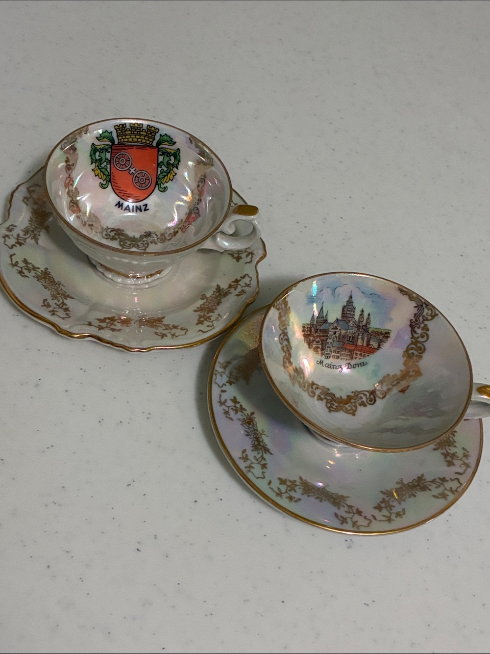 Vintage Mainz Gold-Trim Iridescent Porcelain Teacup and Saucer Set